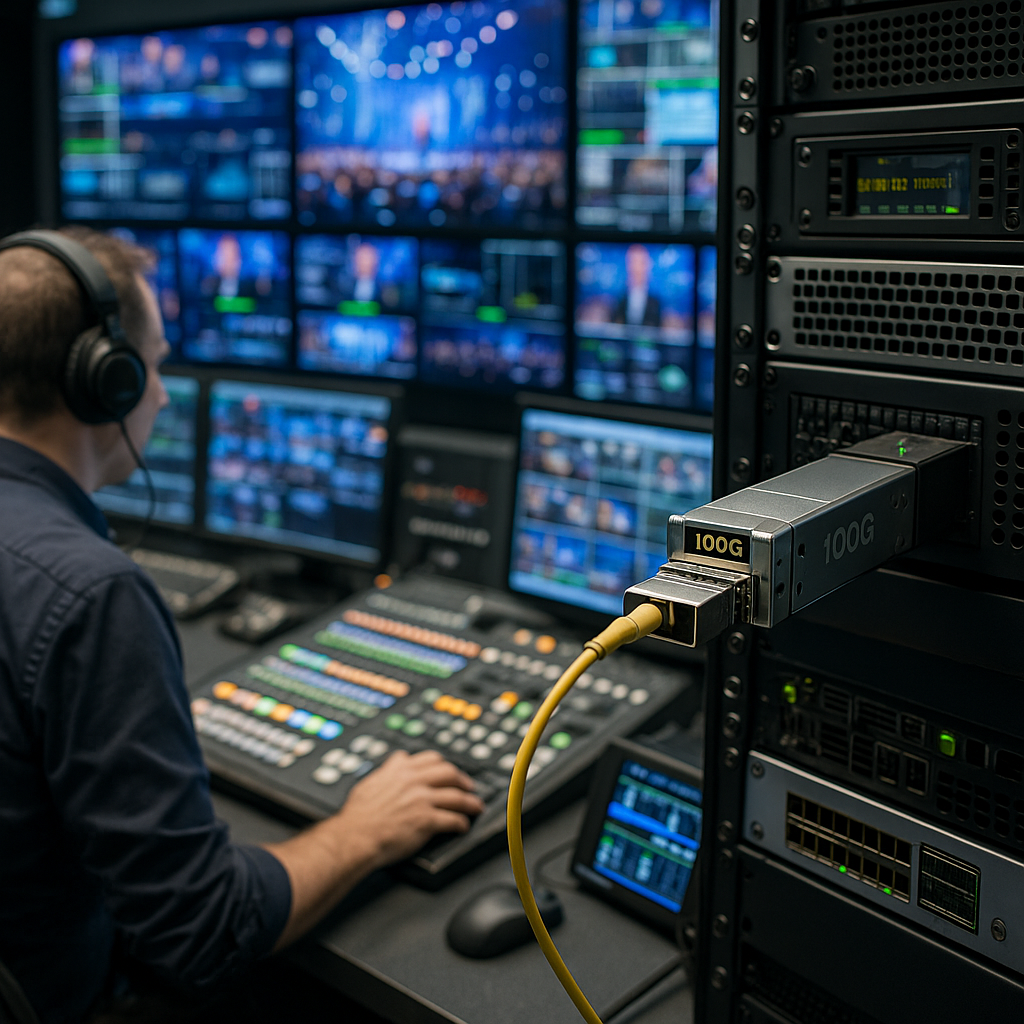 Modern Broadcast Television Center with 100G Video Audio Processing Equipment