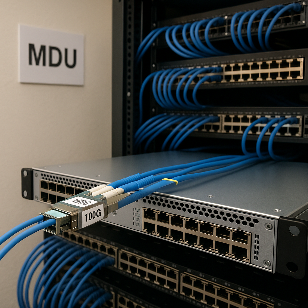 MDU Network Access Room with 100G Aggregation Switching Equipment