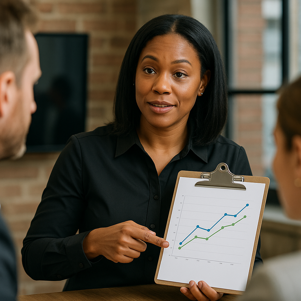 Confident American Female Tech Lead Presenting Network Performance Chart