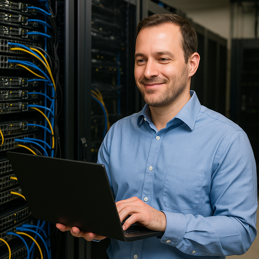Focused American Engineer in Data Center