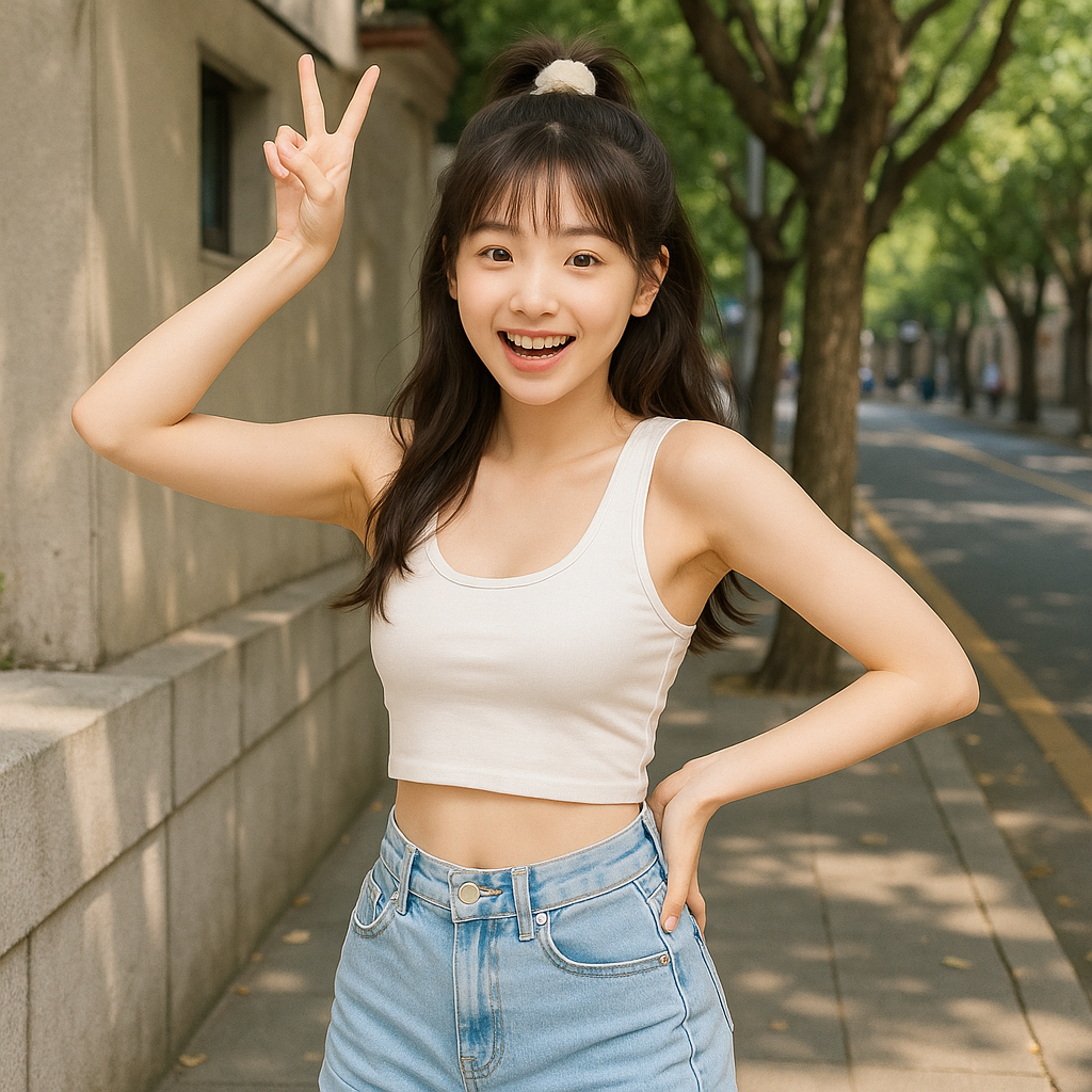 微笑的女孩在上海梧桐树下街道打招呼