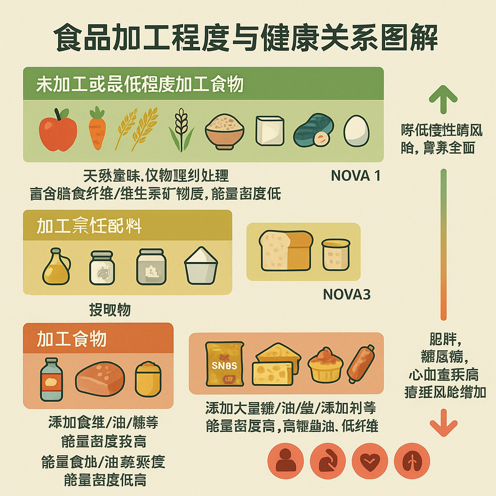 食品加工程度与健康影响示意图