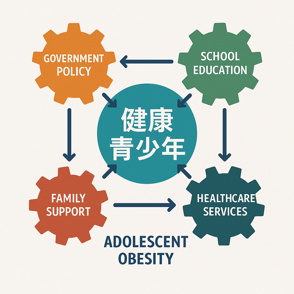 多部门协作防控青少年肥胖的理念图