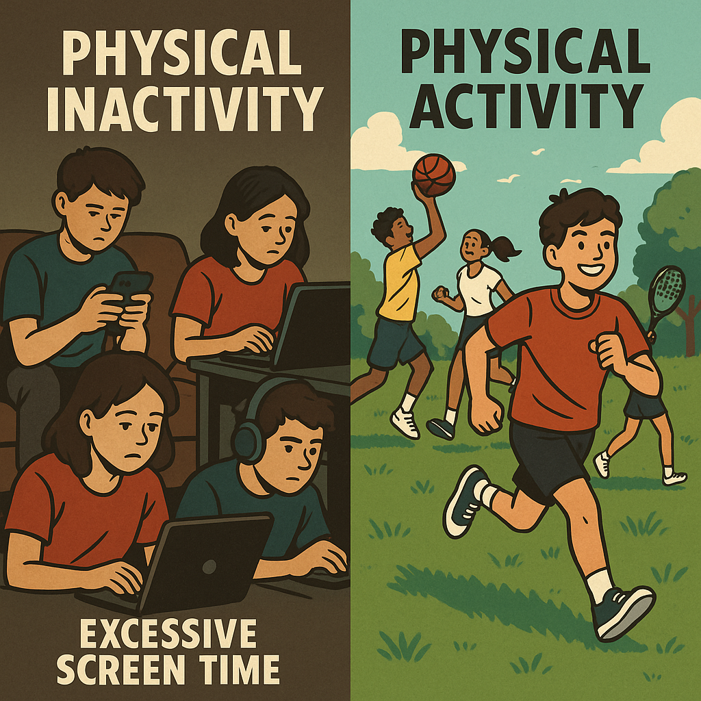 青少年体力活动不足与屏幕时间过长场景对比图