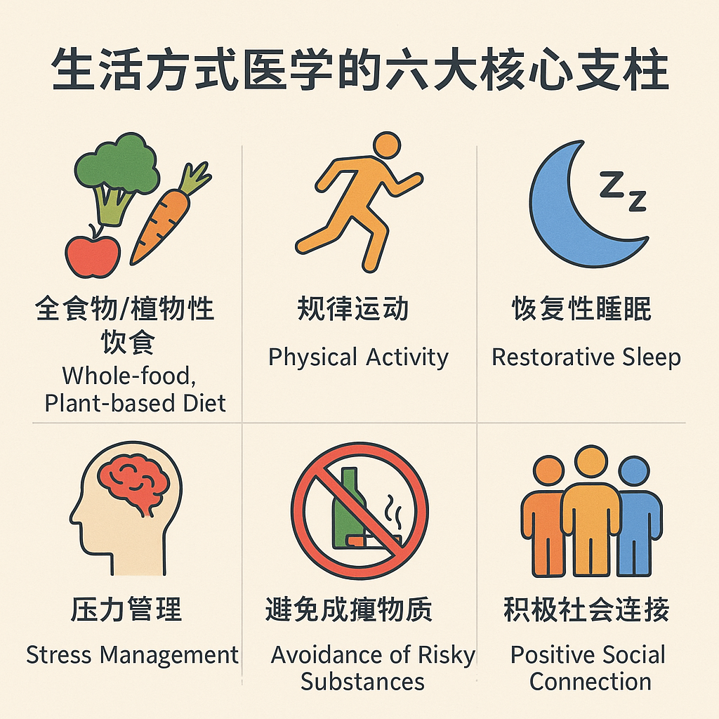 生活方式医学的六大核心支柱图示
