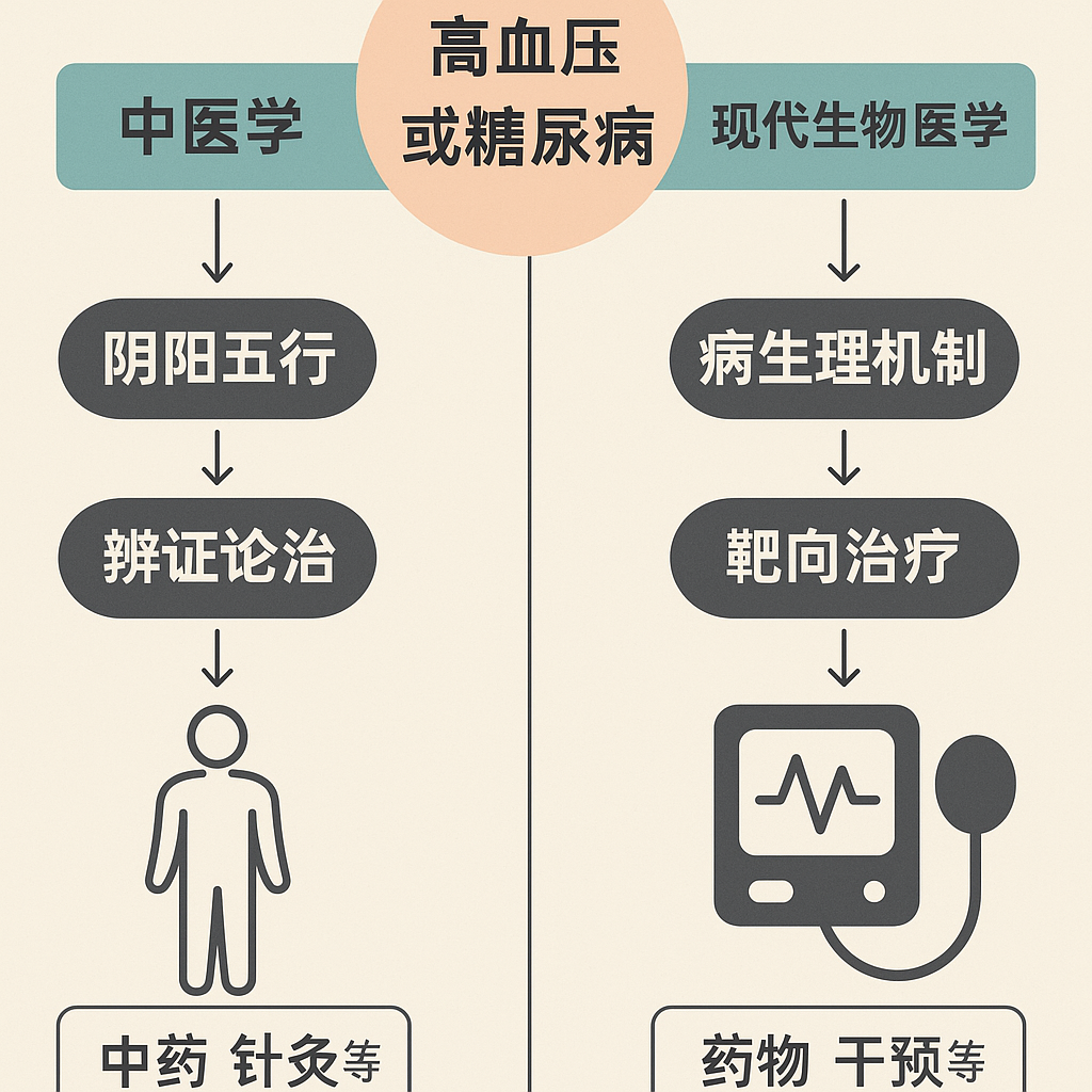 中医与现代生物医学针对同一疾病认知与诊疗差异图示