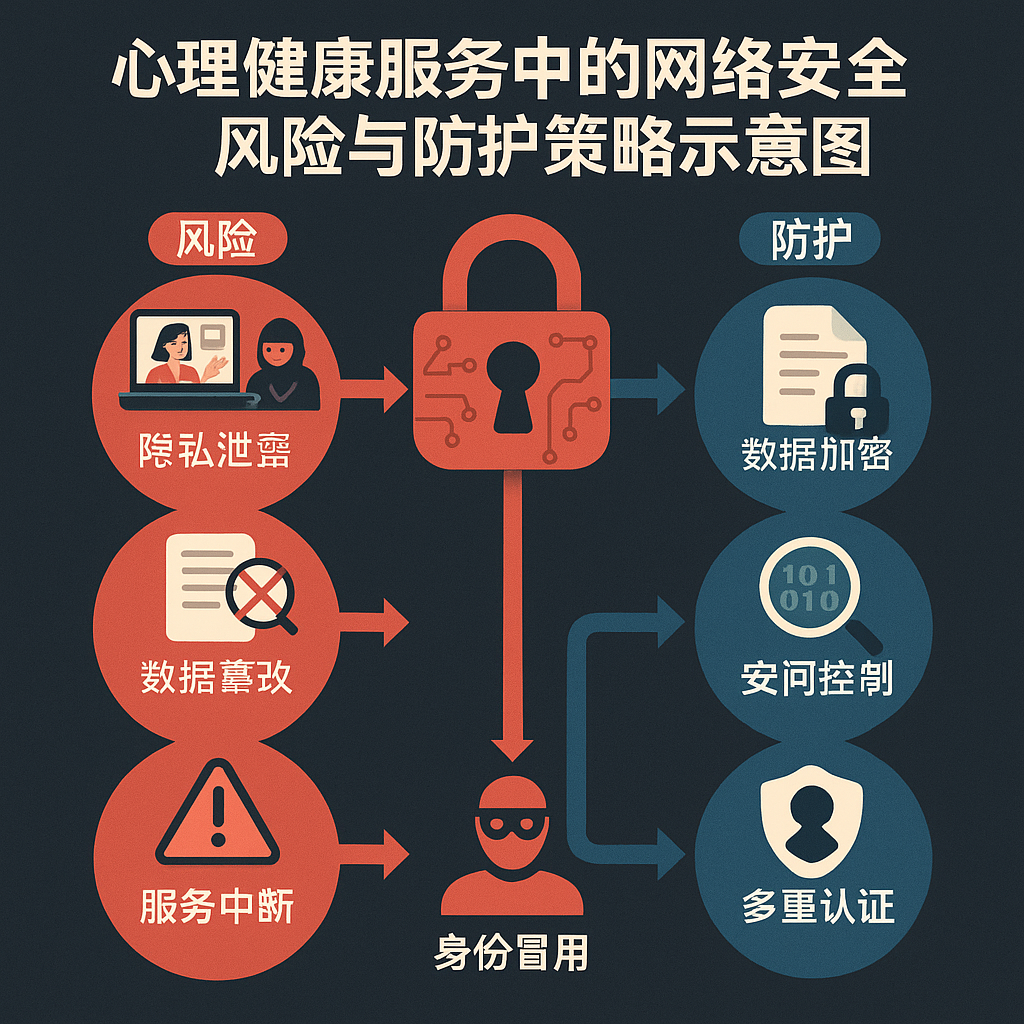 心理健康服务中的网络安全风险与防护策略示意图