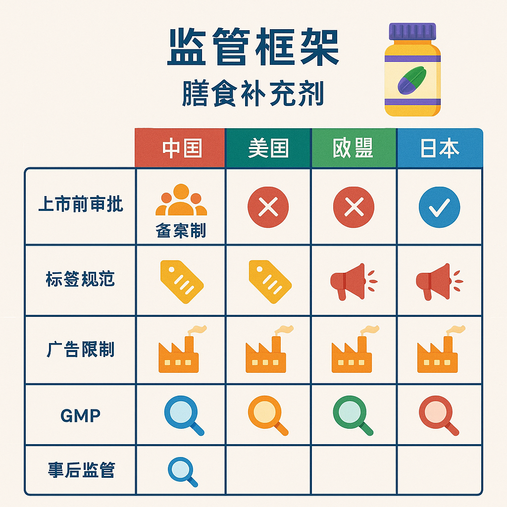 膳食补充剂国际监管框架对比图