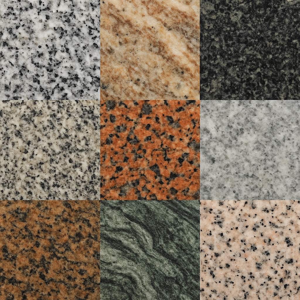 Collage showcasing diverse granite types in various colors and patterns