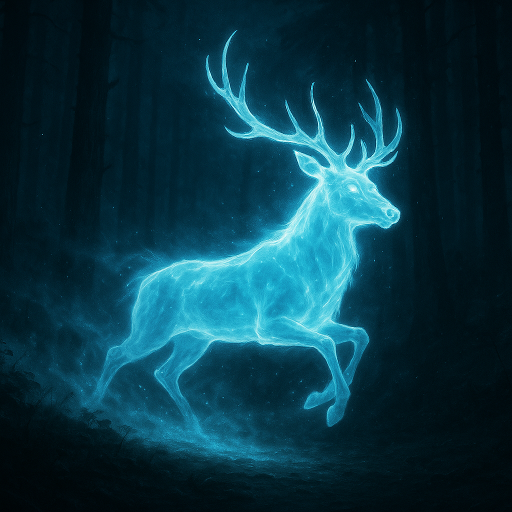 Glowing stag Patronus in misty forest