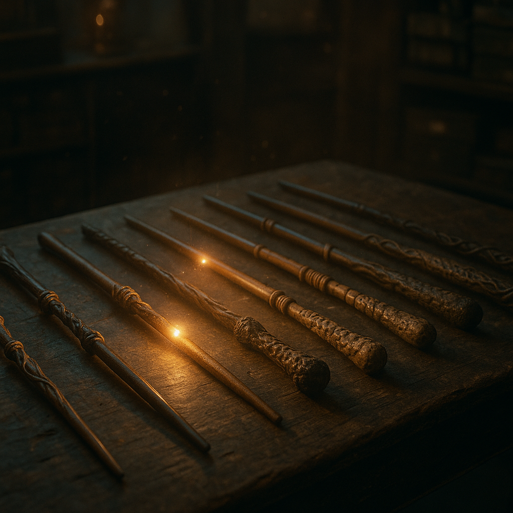 Magical wooden wands display in mystical shop