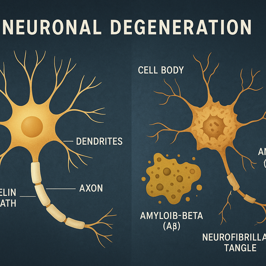 神经元退化过程示意图，展示了正常神经元与病理状态下（如Aβ斑块、tau缠结）的神经元对比