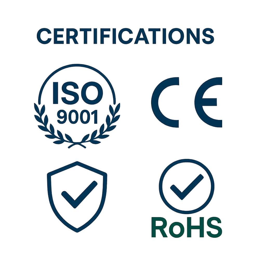 Logos of IATF 16949, ISO 9001, and ISO 13485 certifications