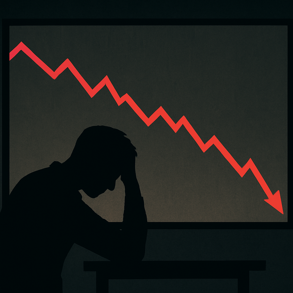 주가 폭락 그래프 앞에서 좌절하는 투자자의 실루엣