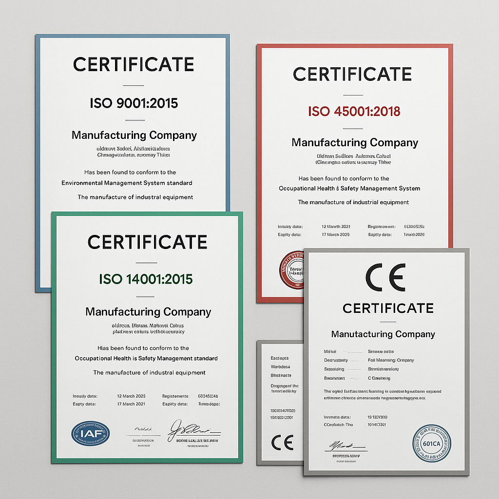 ISO 9001 and other industry standard certification documents