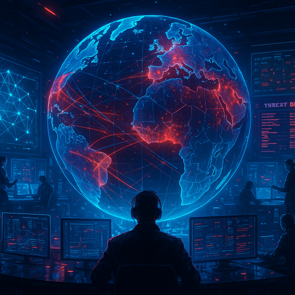 Figure 1: The command center of a national-level cyber attack-defense exercise, symbolizing the strategic game played on a highly simulated digital battlefield.