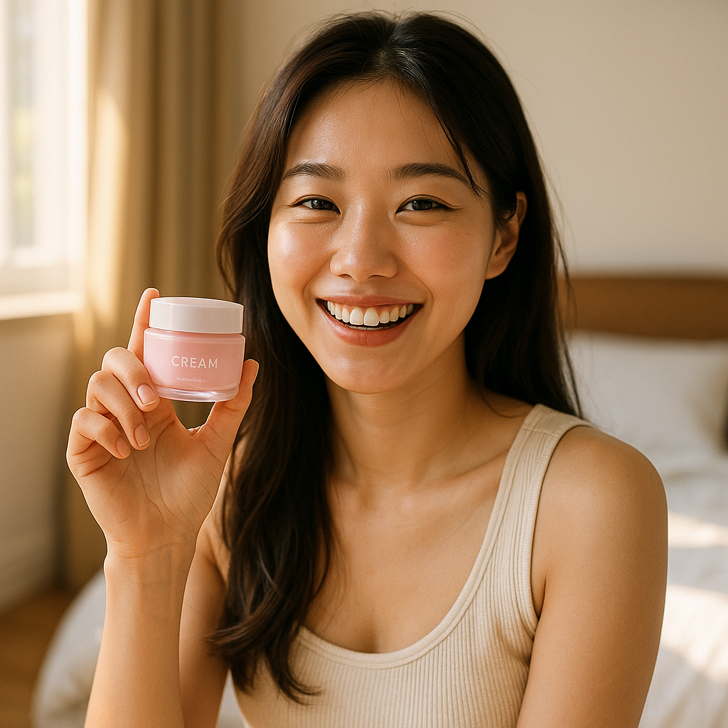 침실에서 핑크색 크림을 들고 행복하게 웃는 한국 여성 AI 모델