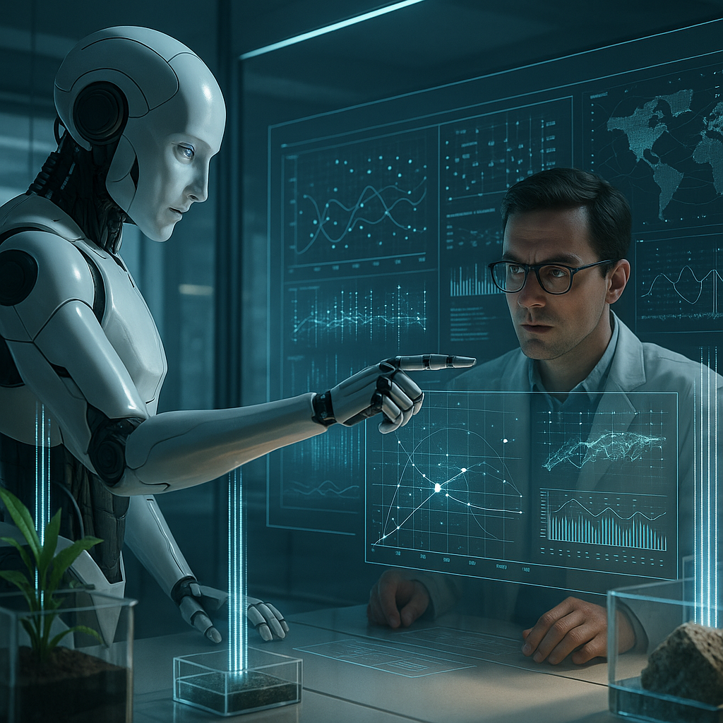 一个AI机器人与一位人类科学家在未来实验室中并肩工作。AI指向一个复杂的交互式数据可视化屏幕,向人类科学家揭示一个新发现的模式或异常点。