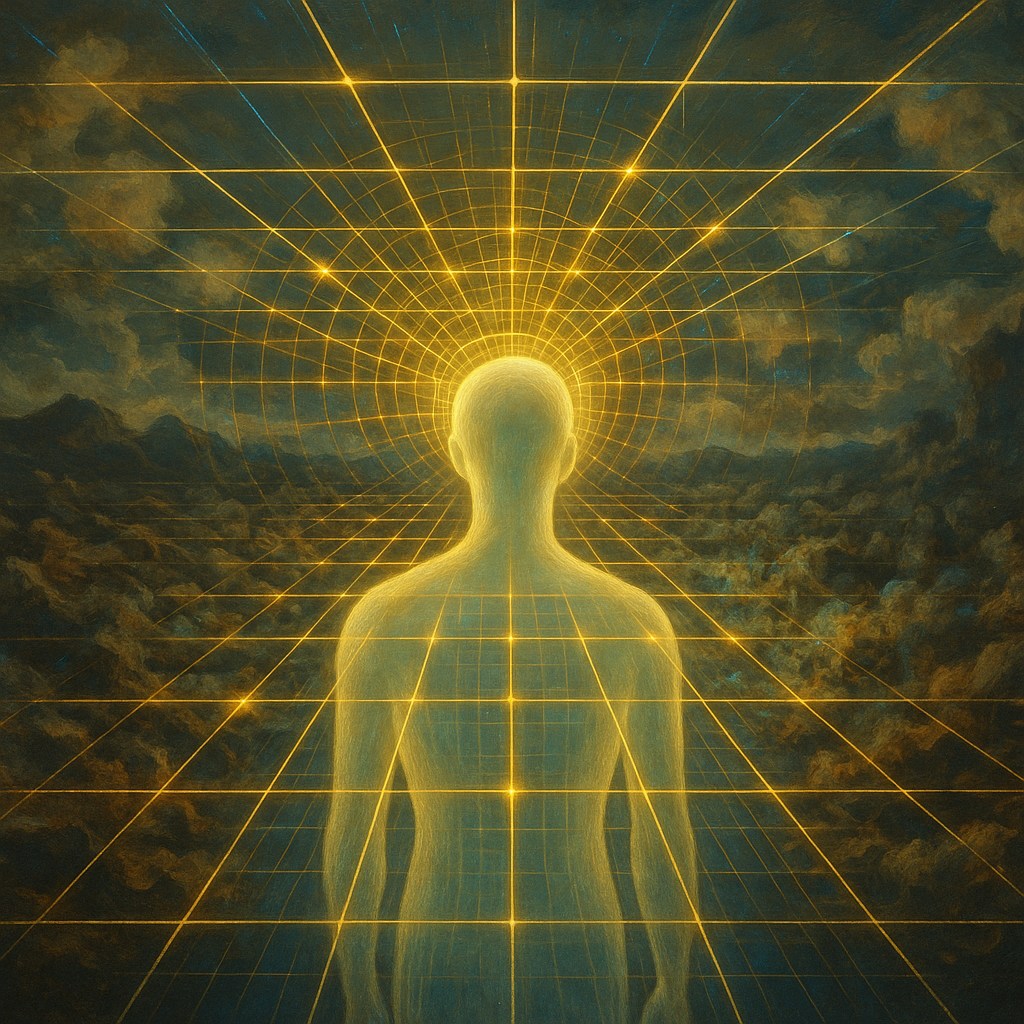 一个发光的主体站在混乱的风景前,从自身投射出一个金色的网格,将现实组织成可理解的结构。