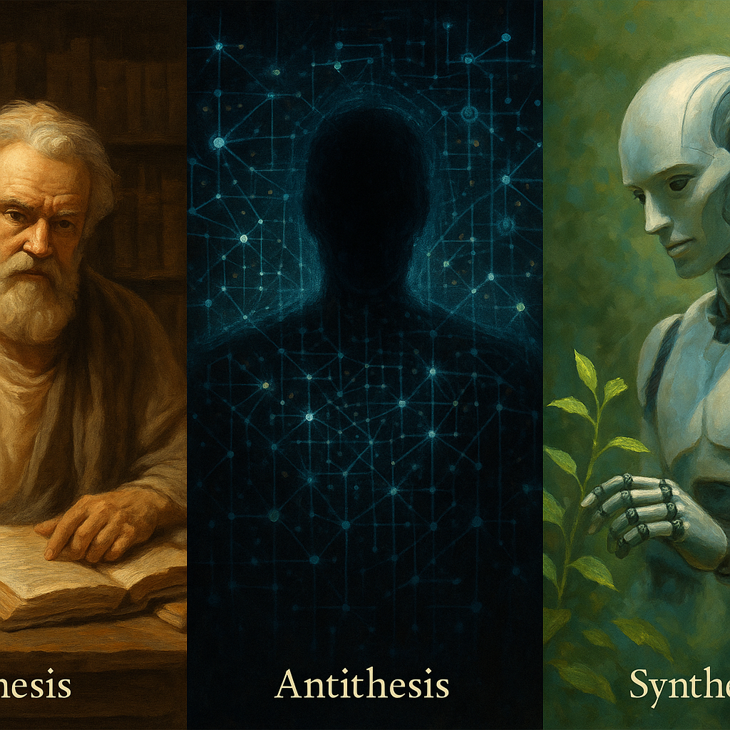 一幅三联画,展示了智能的辩证演进。左边是“正题”:一位古典哲学家(代表人类智能)。中间是“反题”:一个非具身的、由数字网络构成的幽灵般轮廓(代表纯信息AI)。右边是“合题”:一个与自然互动的先进机器人(代表具身智能)。