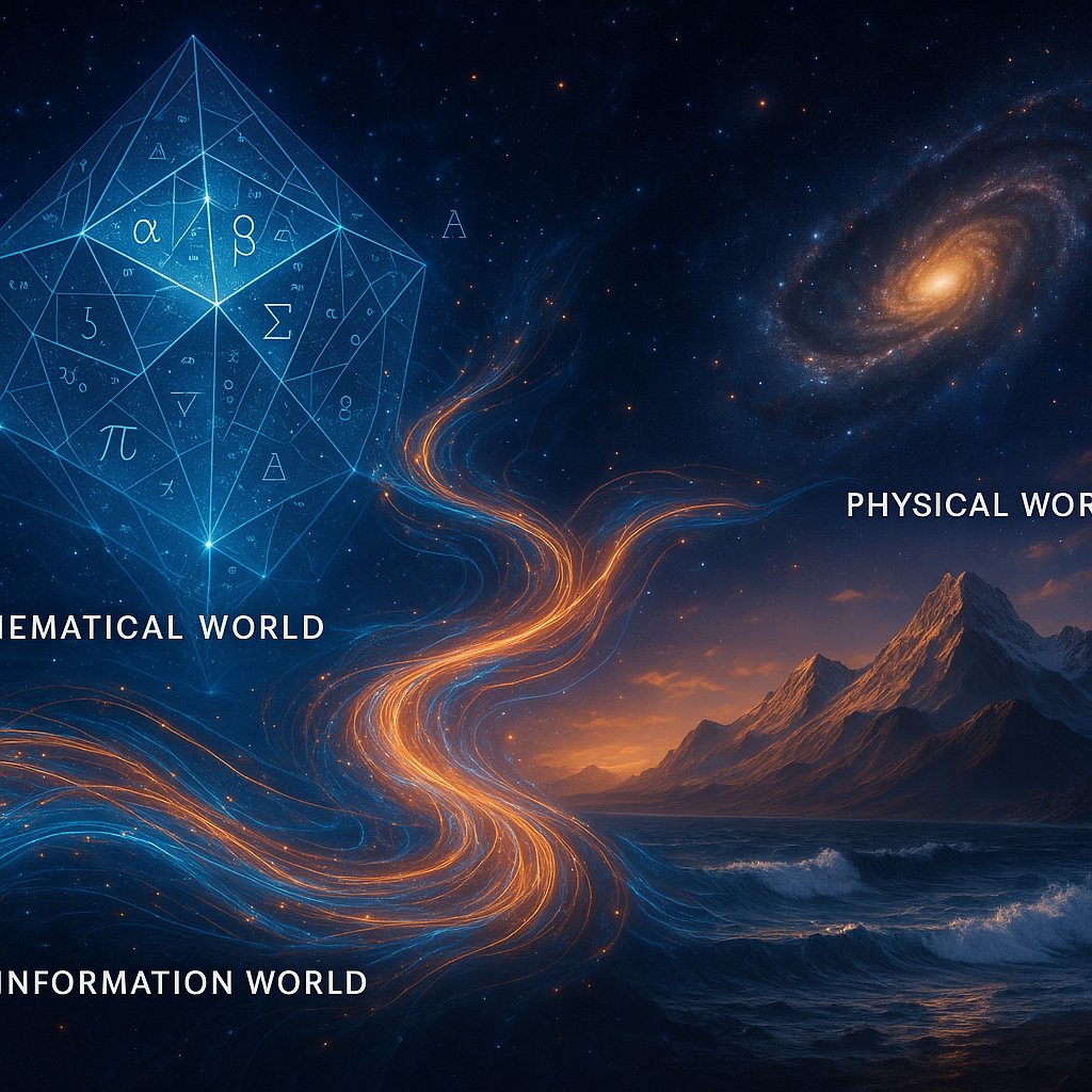 一个描绘三个相互关联的世界的抽象图景:一个代表形式逻辑的几何“数学世界”,一个代表物质现实的“物理世界”,以及一个作为两者动态接口的、由能量流构成的“信息世界”。