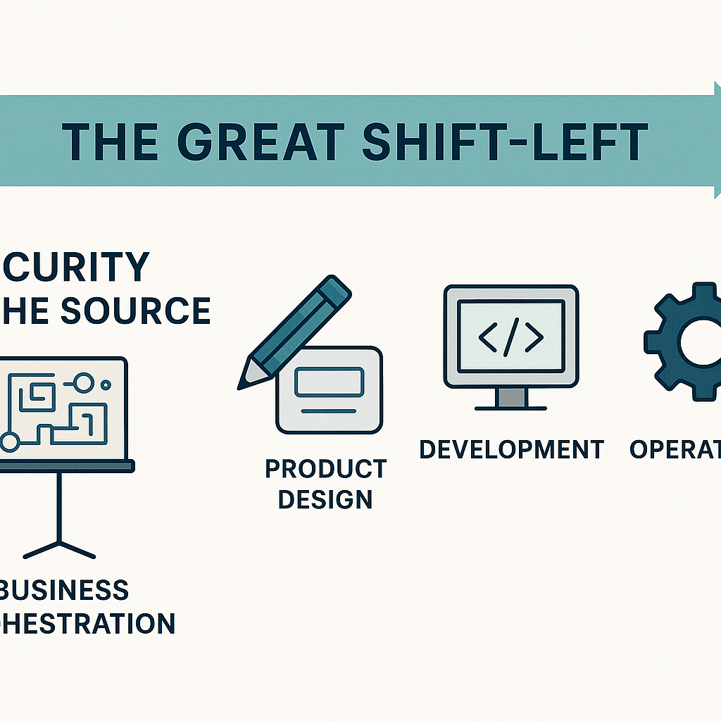 一个示意图,展示了“安全左移”的理念,从传统的开发和运营阶段,进一步向左延伸到产品设计阶段,最终触及核心的业务编排层。