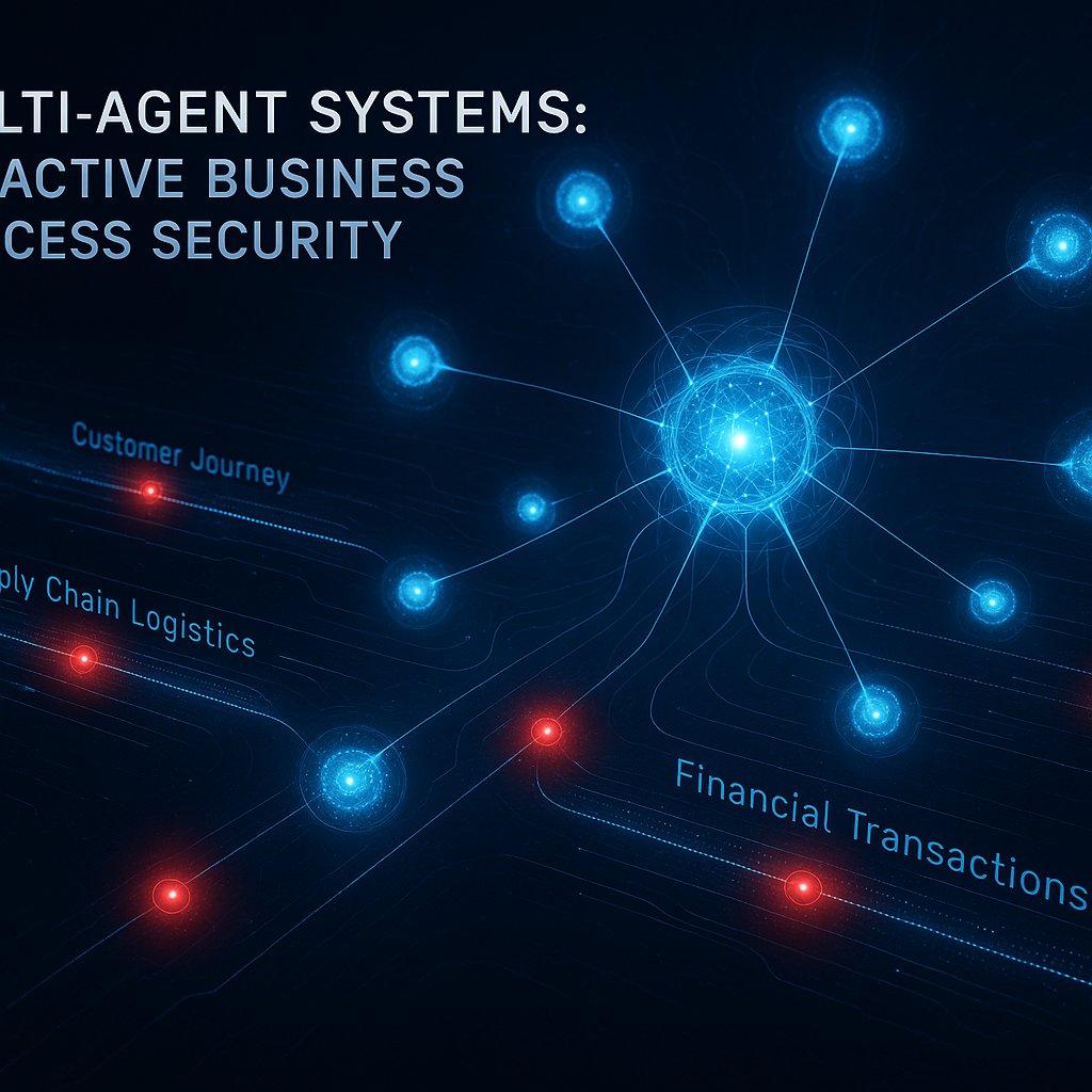 一个概念图,展示了多个AI智能体(以发光的节点表示)协同工作,监控和分析不同的业务流程,如客户旅程、供应链和金融交易,并标记出其中的风险点。