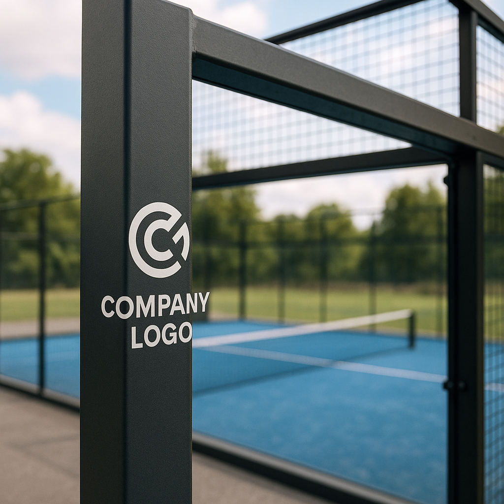 Custom logo applied to a padel court structure.