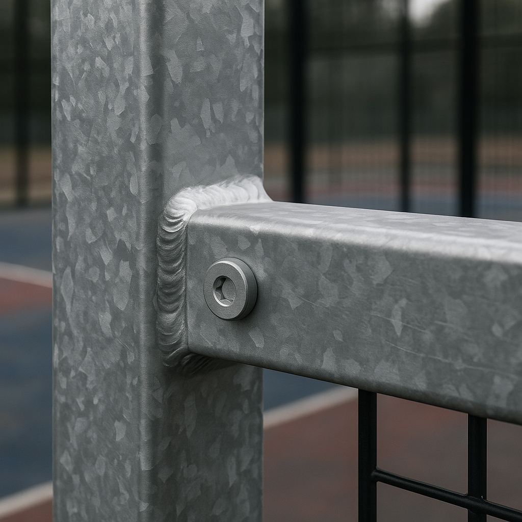 Close-up of a galvanized steel joint on a padel court structure.