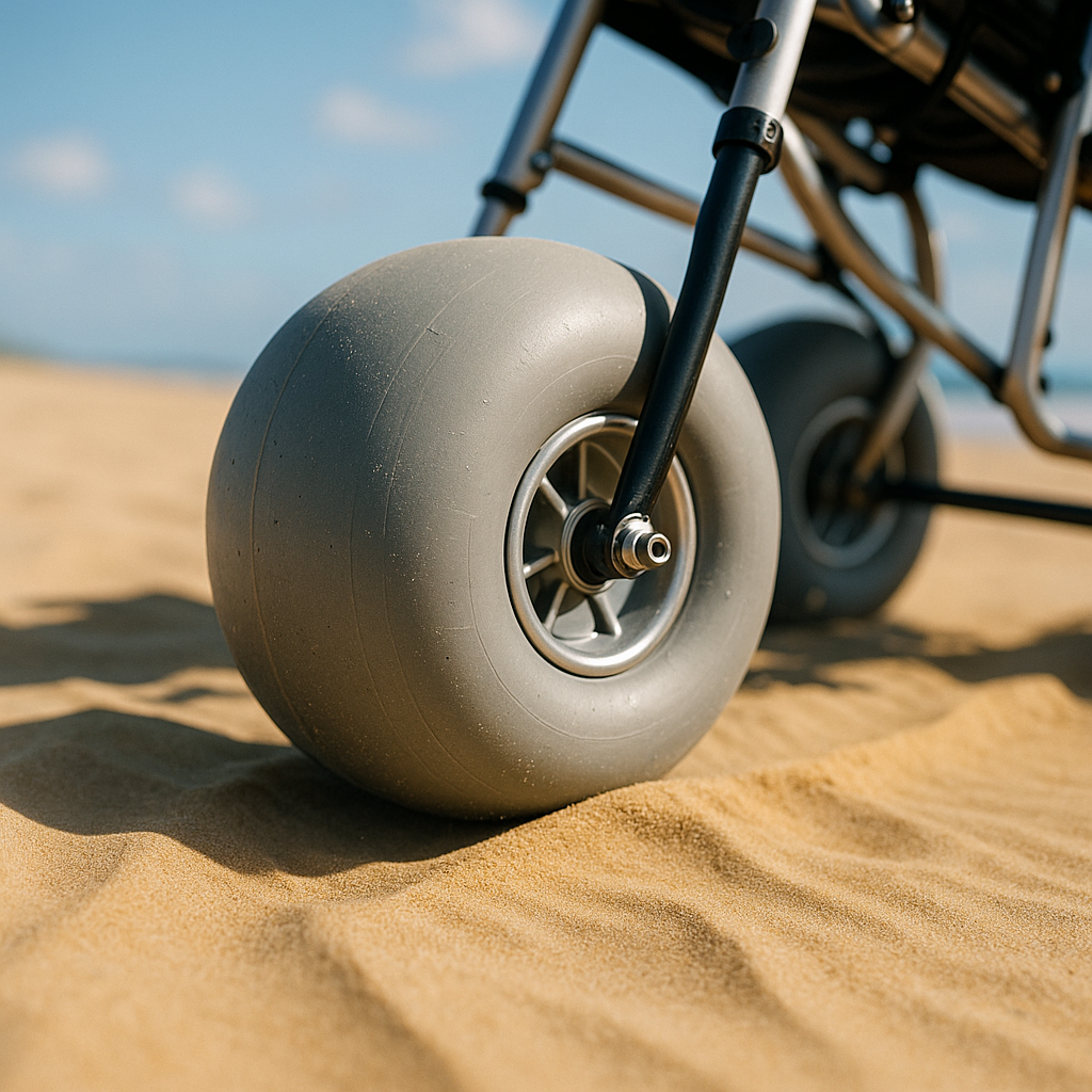 A close-up of the large, pneumatic balloon wheel of an all-terrain walker resting effortlessly on the sand.