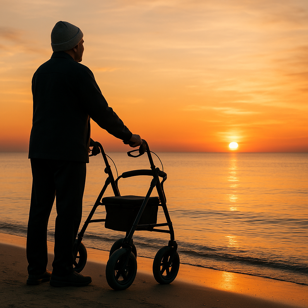 An elderly person with their all-terrain walker watching a beautiful sunset over the ocean, representing peace and independence.