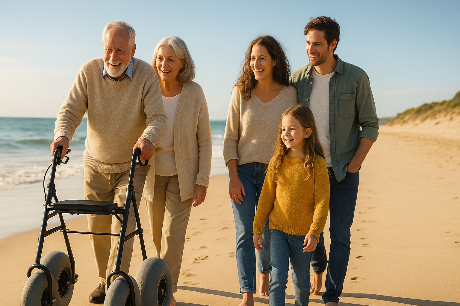 A happy multi-generational family walking along the beach, symbolizing togetherness and activity.