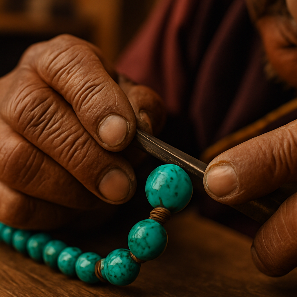 An artisan carefully crafting a turquoise necklace