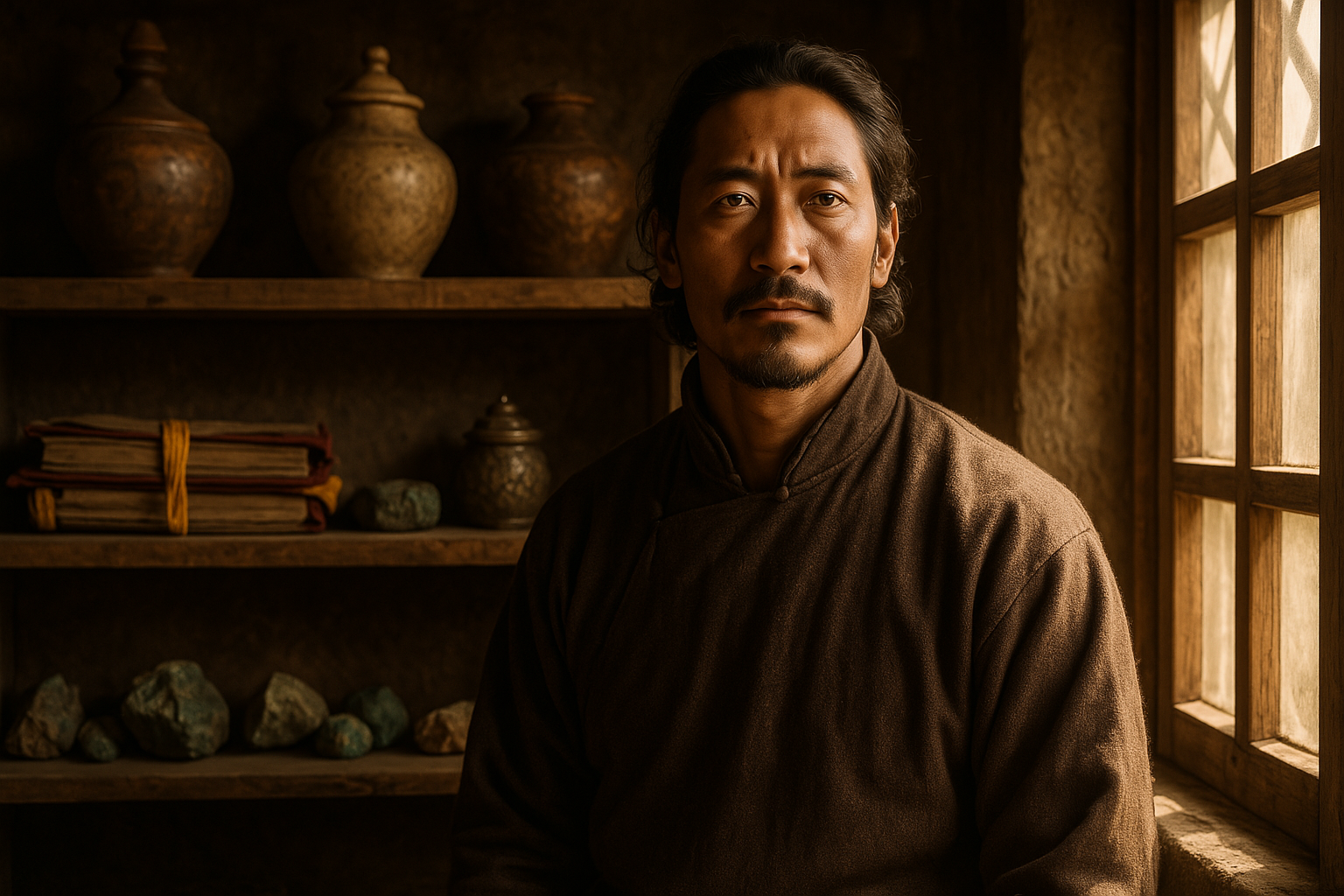 Portrait of Tenzin, with his workshop in the background