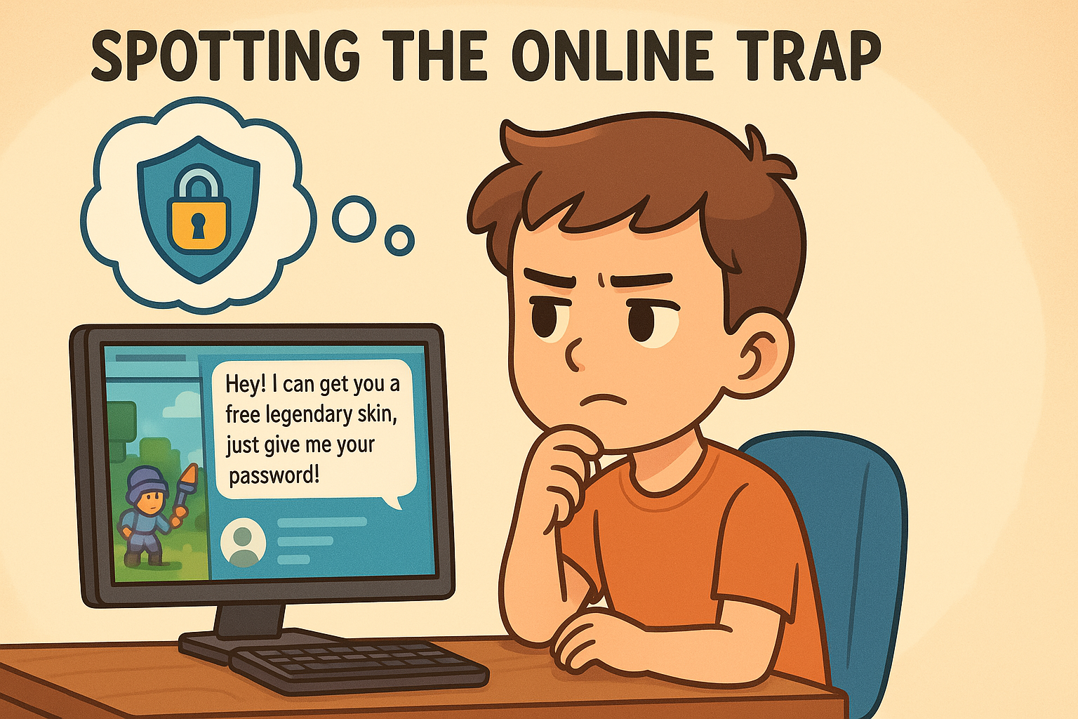 A colorful cartoon illustration depicting a young boy looking suspiciously at a computer screen. The screen shows a message from another user in a game-like interface, offering a free legendary skin in exchange for a password. A thought bubble above the boy's head shows a shield icon, indicating he is thinking about security.