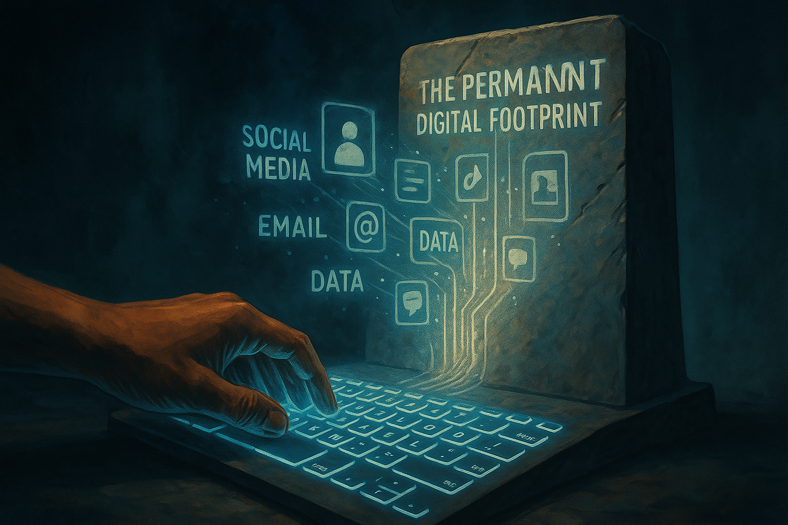 A dramatic, metaphorical illustration depicting a hand typing on a glowing blue keyboard. The light from the keyboard projects onto a large, ancient-looking stone tablet, where digital icons (social media profile, email, data cloud, chat bubbles) are being permanently etched into the stone. The title 'THE PERMANENT DIGITAL FOOTPRINT' is carved at the top.