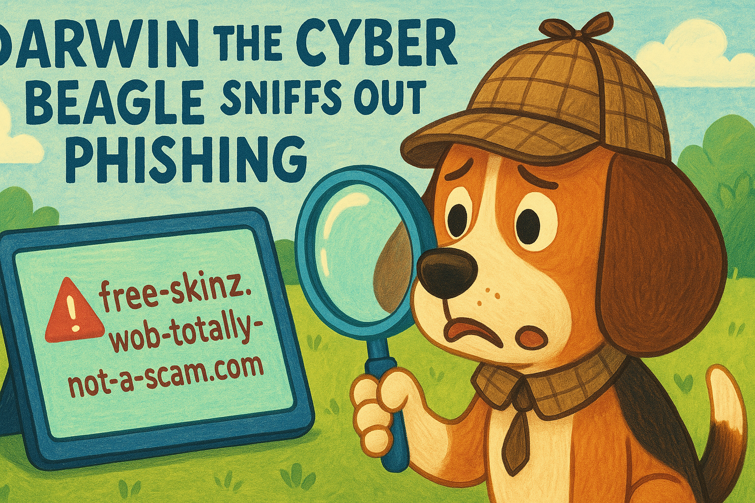 A charming, storybook-style illustration of a beagle detective named Darwin, wearing a tweed Sherlock Holmes hat. He is holding a magnifying glass up to a tablet screen that displays a suspicious, phishing-like URL: 'free-skinz.wob-totally-not-a-scam.com'. The overall tone is educational and friendly.