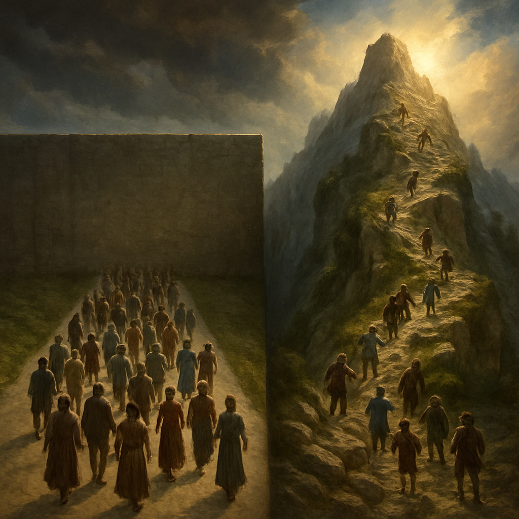 人群站在岔路口，大多数人选择走向一堵高墙围起来的平坦道路，而少数人选择攀登崎岖但通向光明的山峰