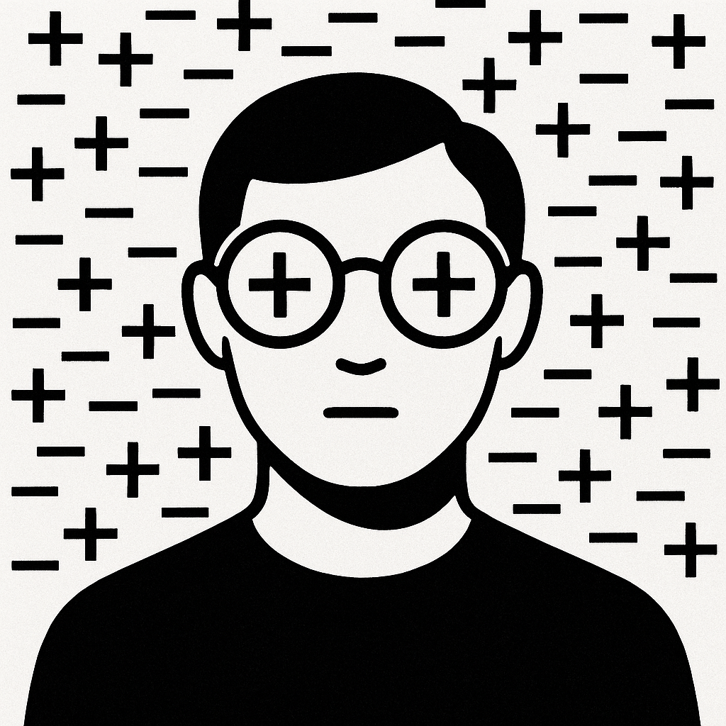 戴着特殊眼镜的人，只能看到与自己观点一致的“+”号，而忽略了大量的“-”号信息