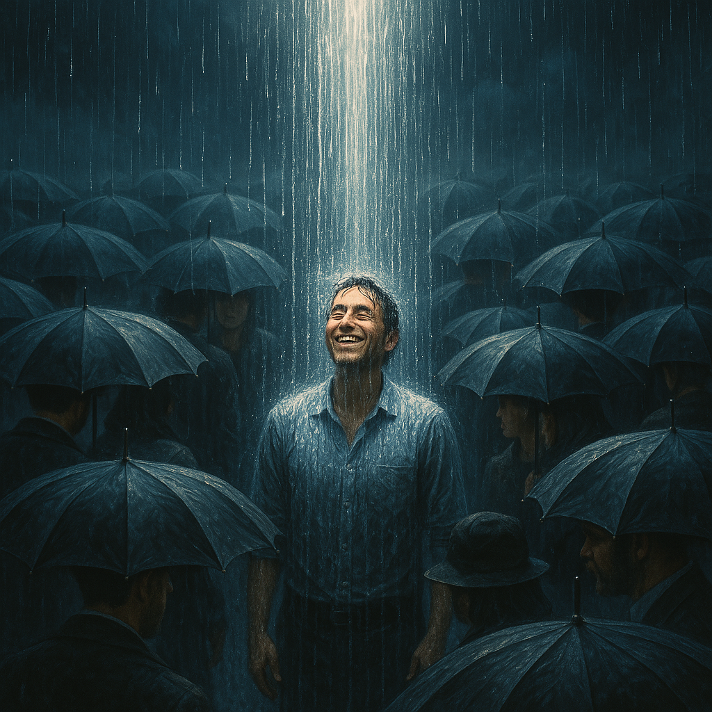 在众人撑伞的雨中，唯有一名男子面带微笑地享受着只落在他一人头顶的阳光般“好运”之雨