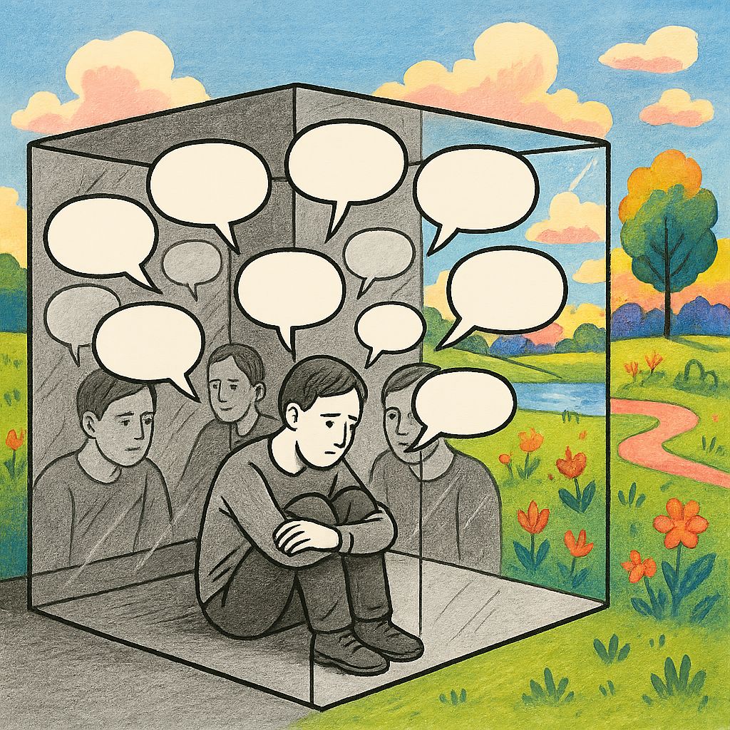 一个人被困在由相同观点构成的透明盒子中，与外界的多元世界隔绝