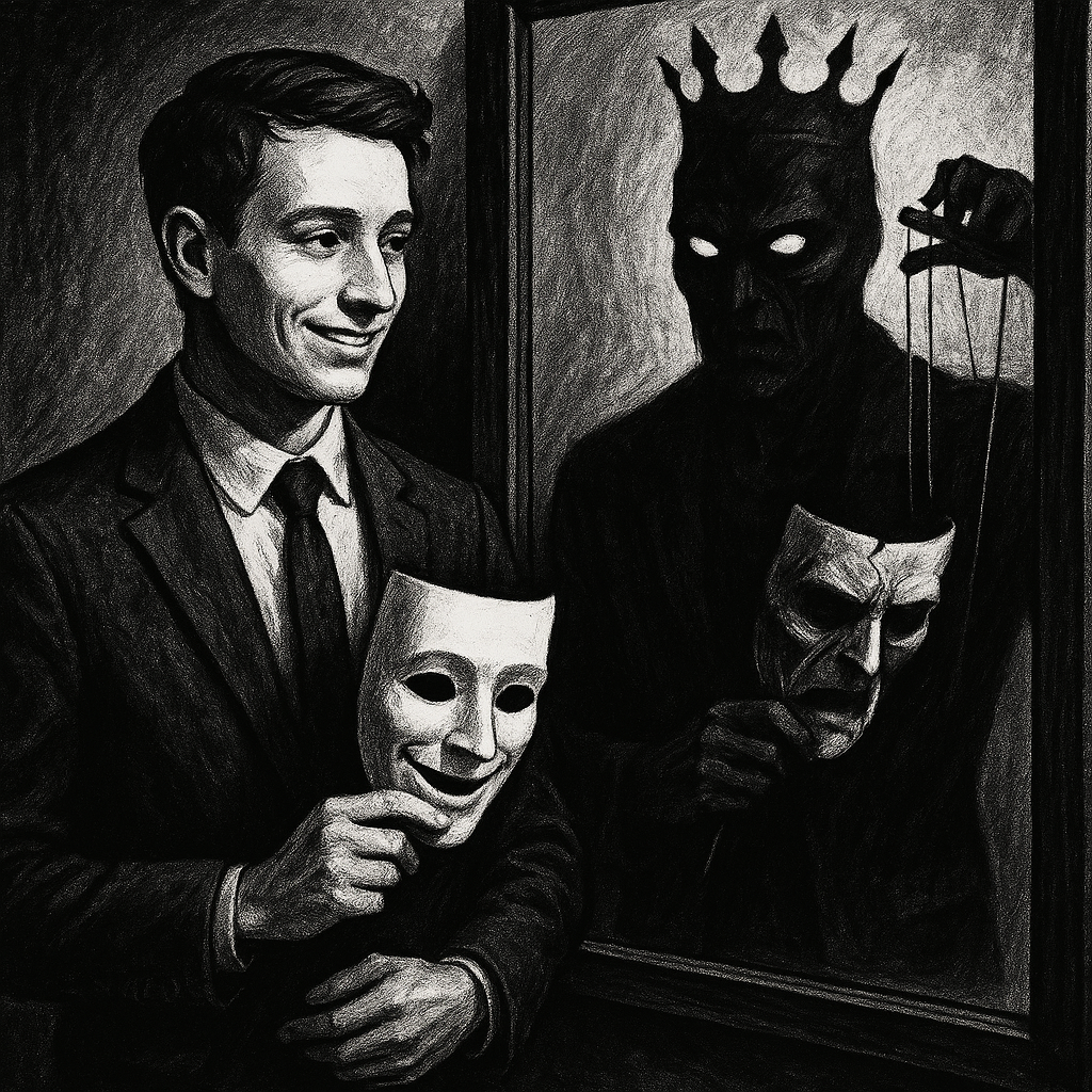 一个男人戴着微笑的面具，但在镜子里的倒影中，他是一个操纵着另一副悲伤面具的黑暗君王