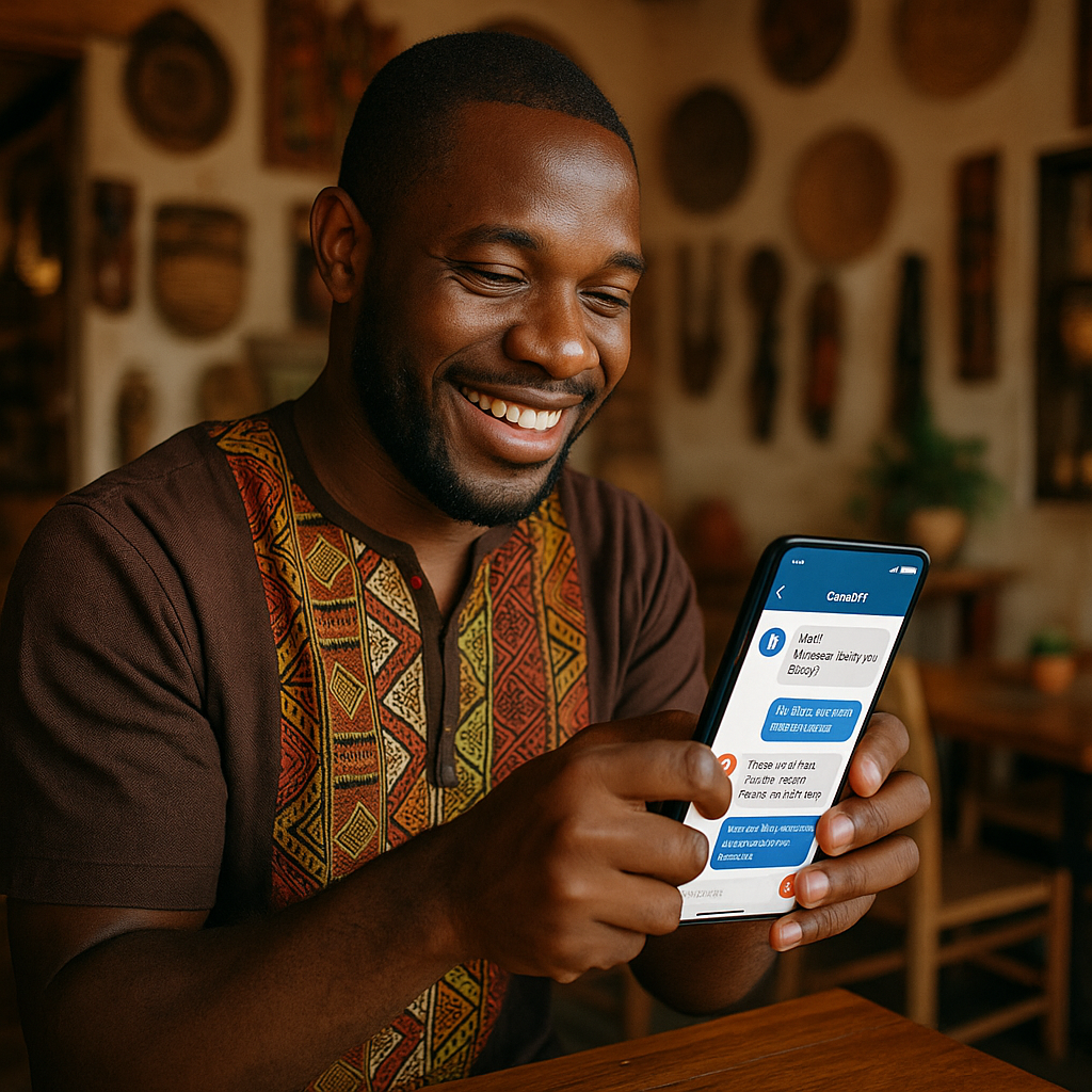 Un client souriant interagit avec un chatbot IA sur son téléphone dans une boutique d'art à Kinshasa.
