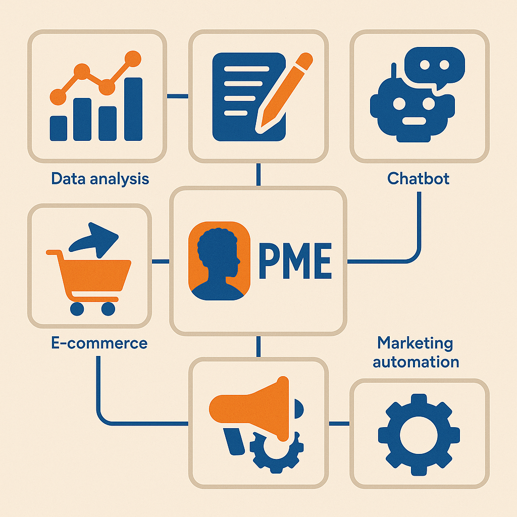 Diagramme montrant les outils IA pour PME : Analyse de données, rédaction, chatbot, e-commerce, automatisation marketing.