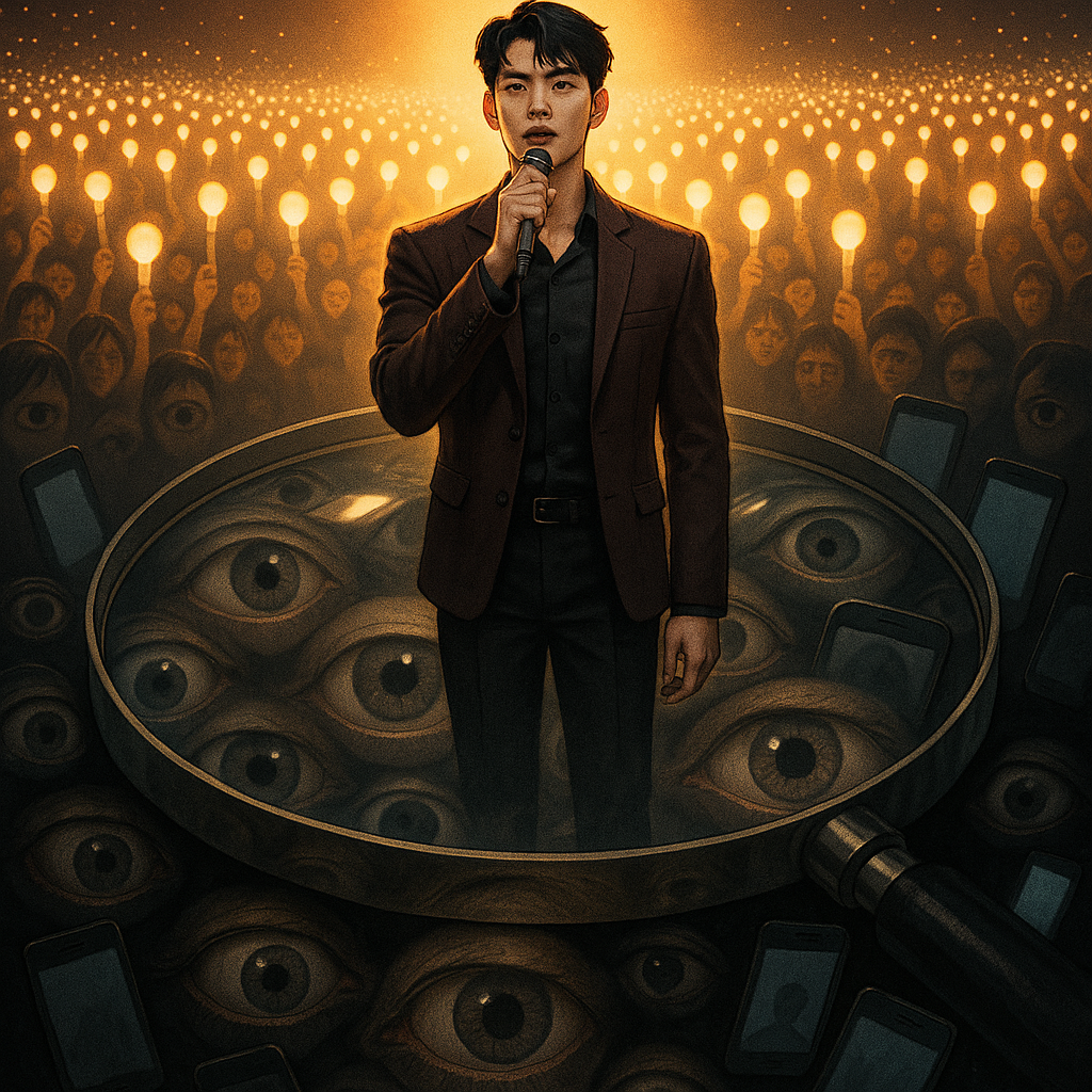 A symbolic artwork of a K-pop idol on stage, bathed in the warm light of fan lightsticks but also under the cold, invasive gaze of countless eyes through a giant magnifying glass.