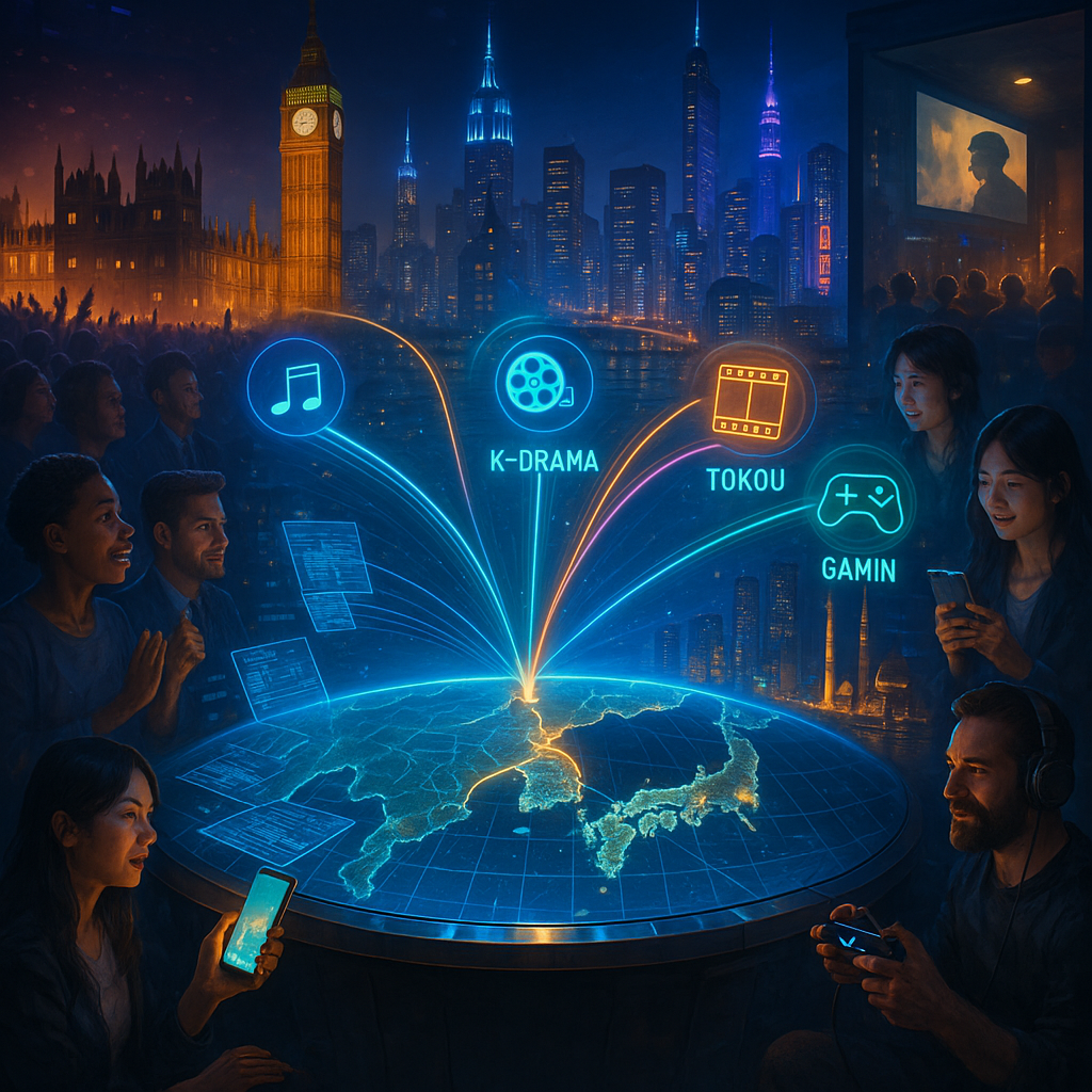 A digital painting depicting South Korea as a command center, with energy lines representing K-Pop, K-Drama, and other content forms extending to major world cities.