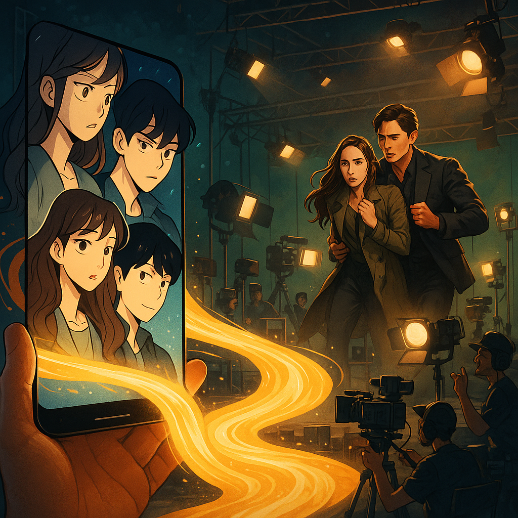An illustration showing a character from a webtoon on a smartphone magically transforming into a live-action actor on a film set.