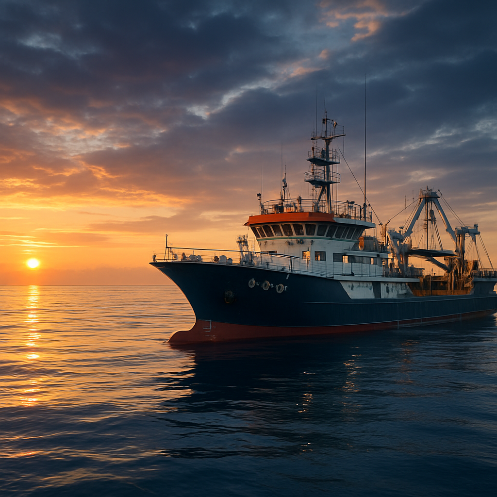 Fishing trawler at sunrise, representing real asset investment
