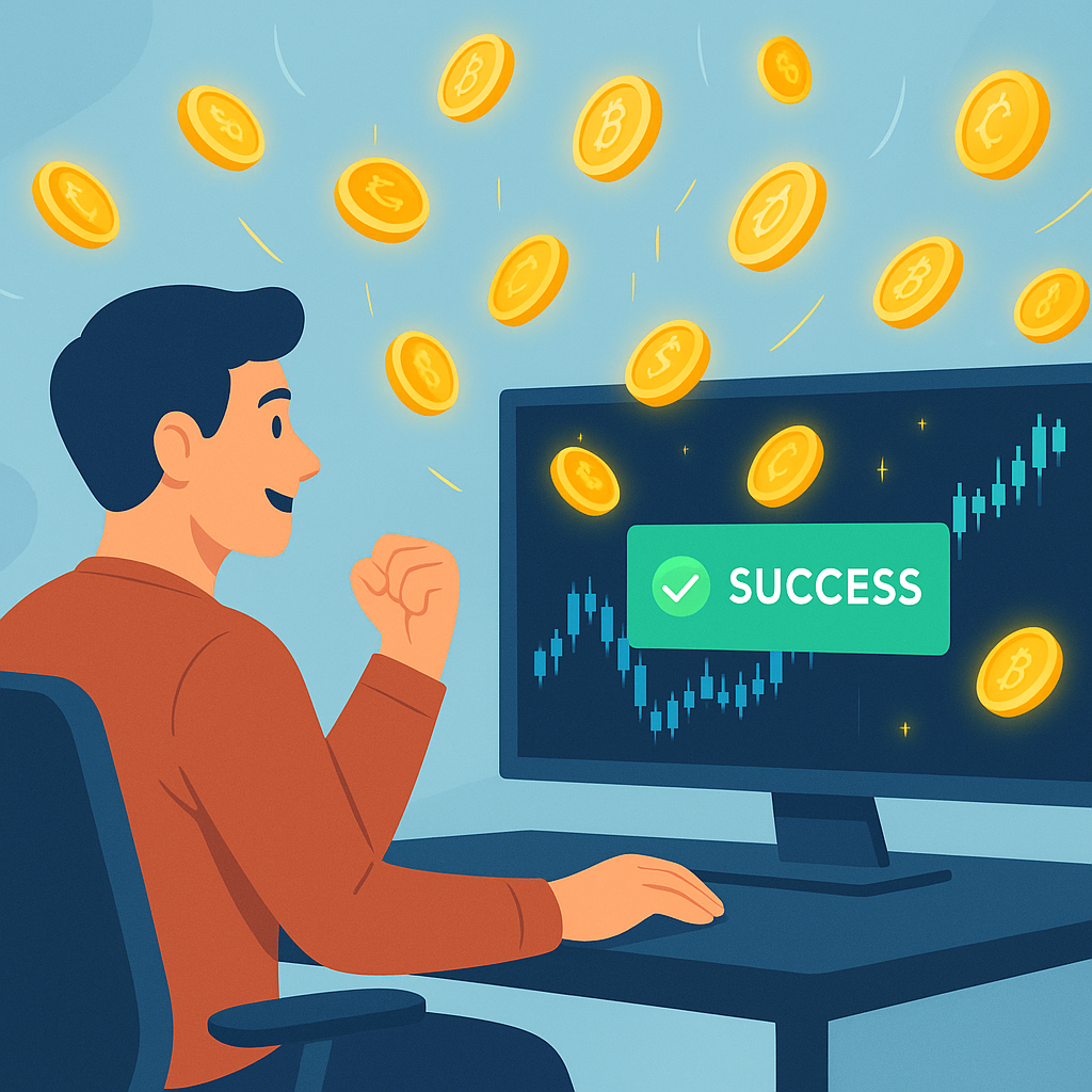Successful trader with digital currency reward indicators