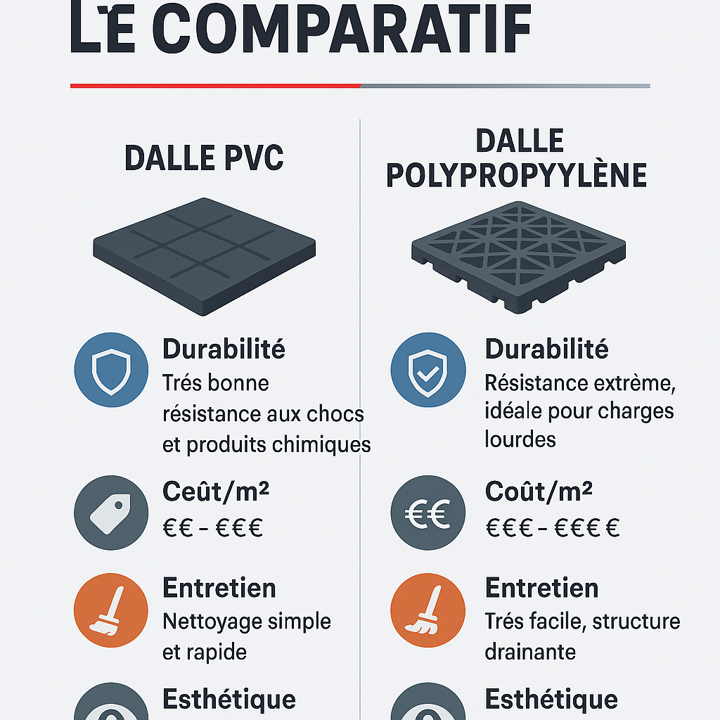 Infographie comparant les avantages des dalles de garage en PVC et en Polypropylène.
